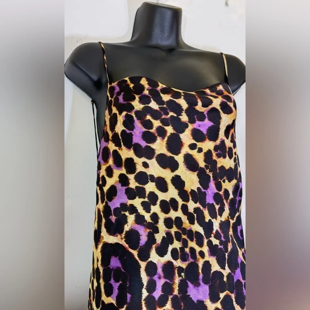Zara Satin Effect Leopard Purple Slip Spaghetti Strap Midi Dress | Size S